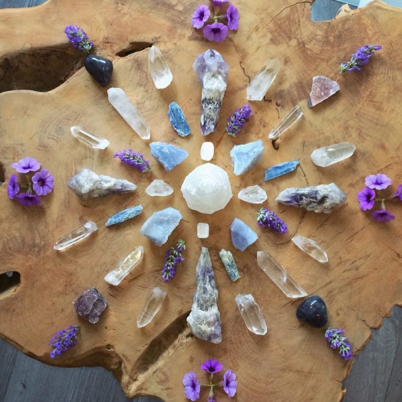 Natural crystal grid with amethyst, clear quartz and lavender